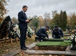 Координатор ритуального агентства проверяет готовность могилы на кладбище в Минске
